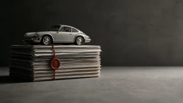A collector in a luxury auction house holds a level-27 badge while a classic Porsche is displayed alongside tiered price…