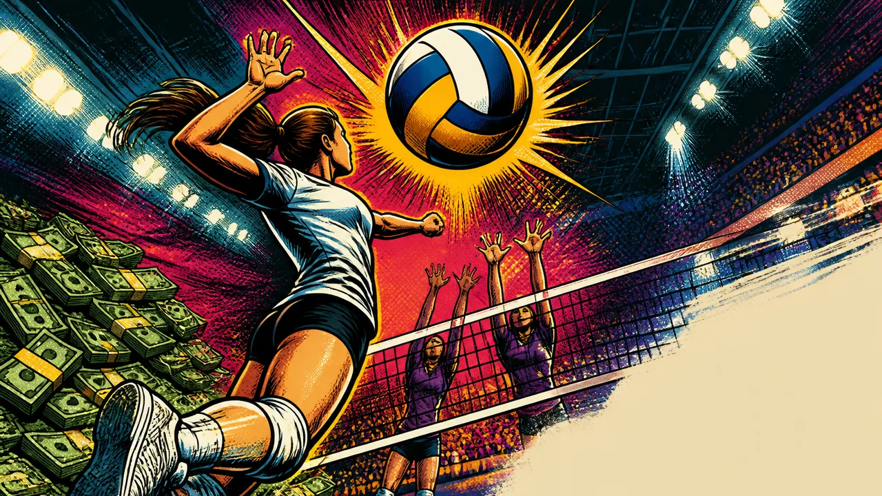 Man in blue shirt discusses a million-dollar volleyball tournament with female athletes and AT&T Stadium visible in…