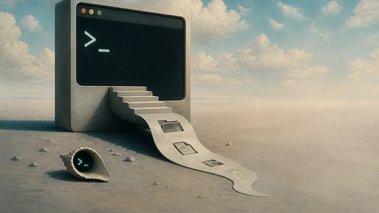 Terminal window with command prompt, folder icon, and code gear symbol on blue digital background illustrating CLI concepts