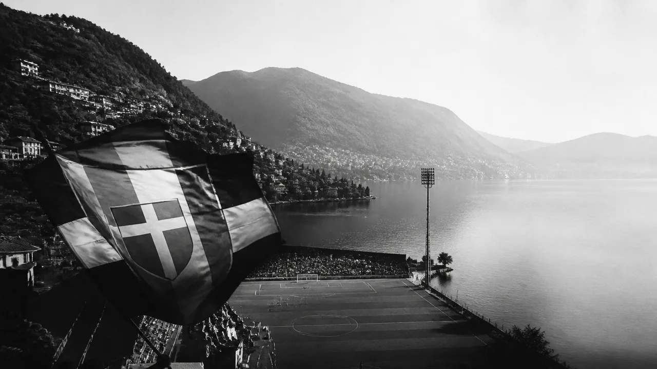 Como football club logo with arrow pointing to a luxury golden yacht full of fans arriving by water against orange background