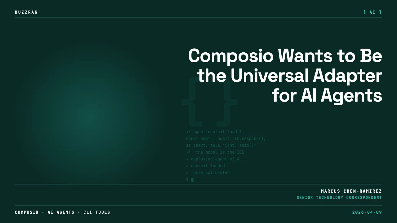 Composio logo with white text and icon on black background, colorful gradient border, red mascot character in corner