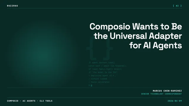 Composio logo with white text and icon on black background, colorful gradient border, red mascot character in corner