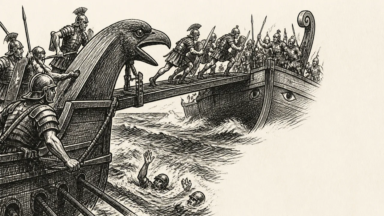 Desperate Roman soldier in ornate armor reaches from turbulent waters amid shipwrecked vessels and drowning troops