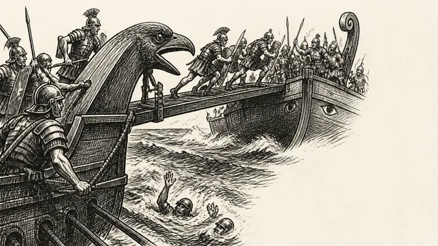 Desperate Roman soldier in ornate armor reaches from turbulent waters amid shipwrecked vessels and drowning troops