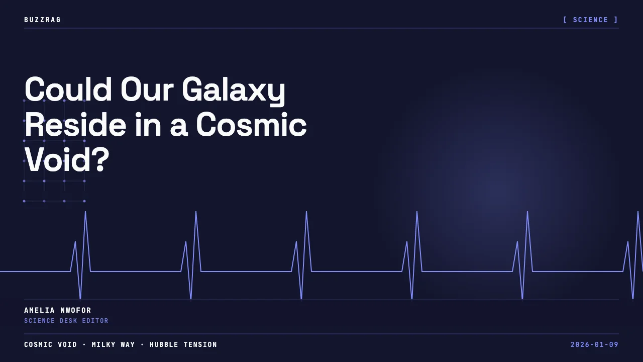 A silhouetted cosmic void divides a glowing Milky Way galaxy with "WE LIVE HERE" text and an arrow pointing to Earth's tiny…