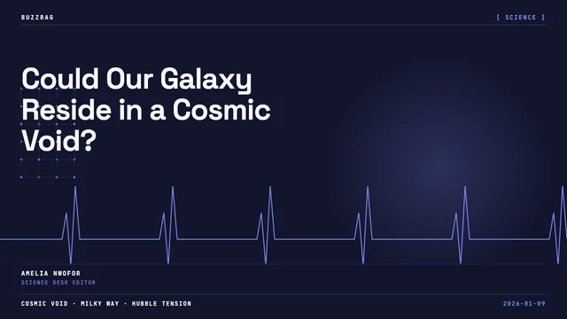 A silhouetted cosmic void divides a glowing Milky Way galaxy with "WE LIVE HERE" text and an arrow pointing to Earth's tiny…