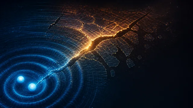 A grid-like blue spacetime surface warps and tears down the center with an arrow pointing down, illustrating force…