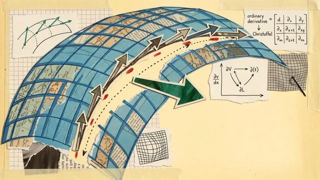 Mathematical formula for covariant derivative displayed above a curved surface with vector field visualization and…