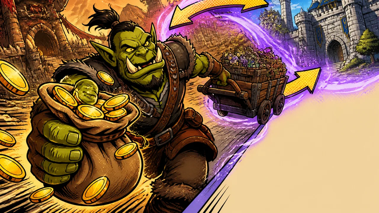 World of Warcraft Midnight expansion character flipping guide showing a green ogre merchant with gold coin amount and game…