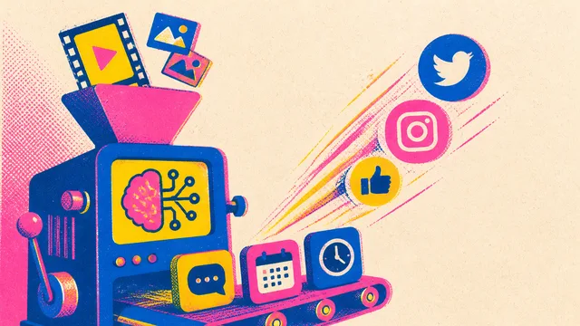 Man at desk demonstrating automatic video distribution to Instagram, TikTok, LinkedIn, and YouTube with a "DROP VIDEO"…