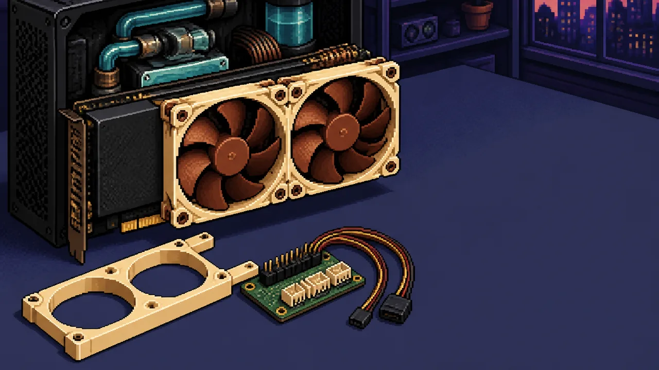 A high-end graphics card with triple cooling fans displayed at an angle against a dark gray background