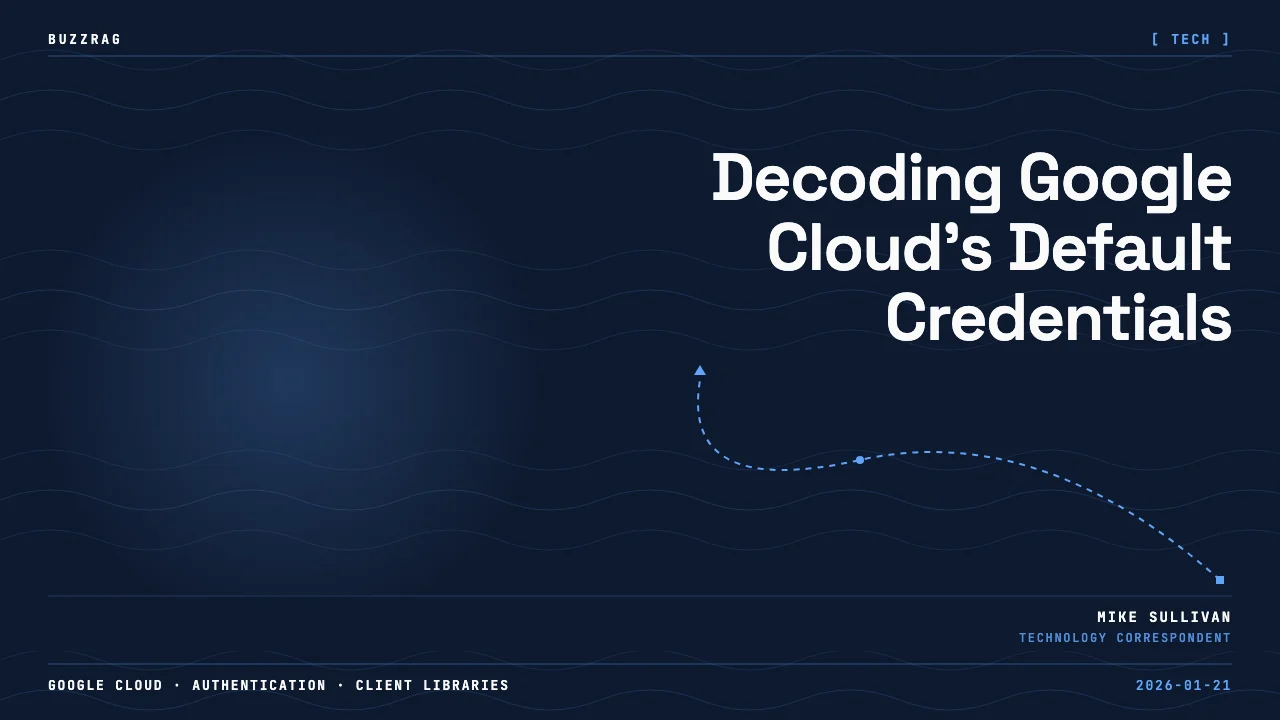 Google Cloud logo with title text about Cloud Client Libraries and Authentication, featuring a person wearing glasses and…