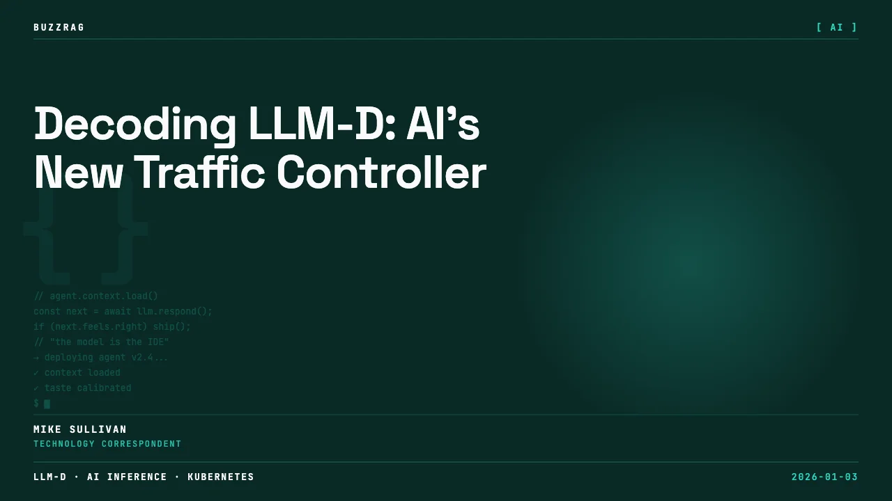 A presenter in a dark t-shirt gestures while explaining LLM-D scaling concepts, with technical diagrams and equations…