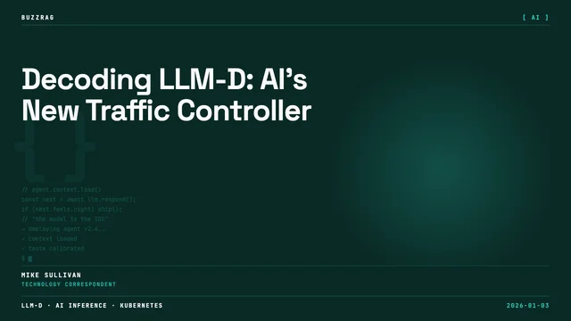 A presenter in a dark t-shirt gestures while explaining LLM-D scaling concepts, with technical diagrams and equations…