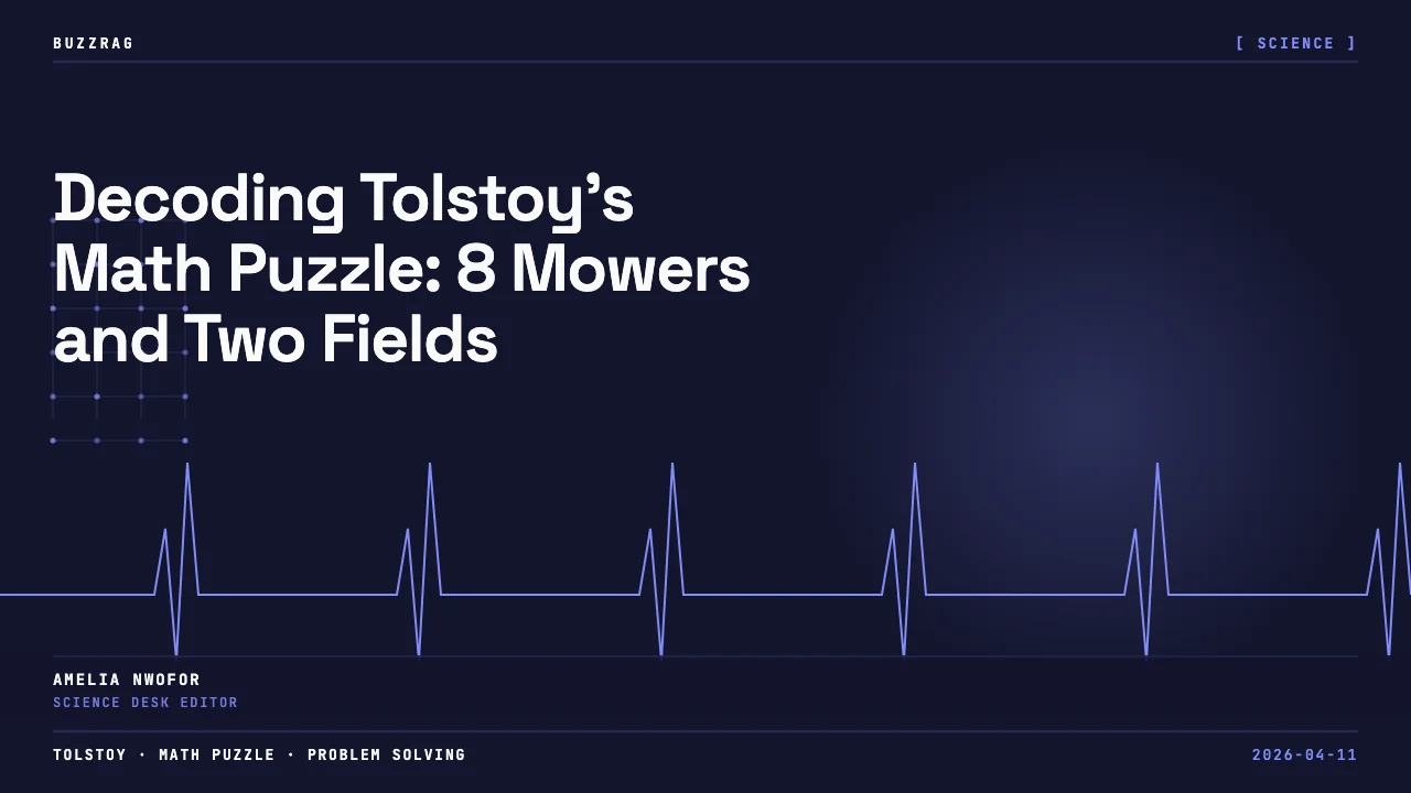 An elderly bearded man in blue clothing sits on a bench beside text asking "Can You Solve Tolstoy's Math Puzzle?