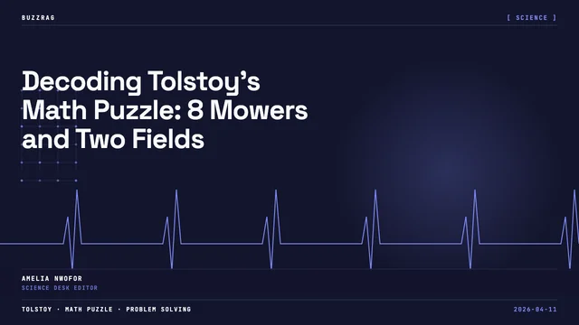 An elderly bearded man in blue clothing sits on a bench beside text asking "Can You Solve Tolstoy's Math Puzzle?