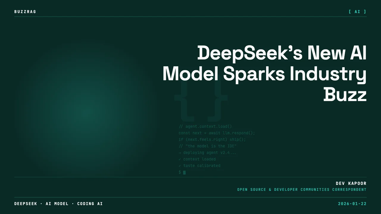 Futuristic cyborg face with blue neon circuitry and glowing headpiece, displaying DeepSeek Model 1 branding against dark…