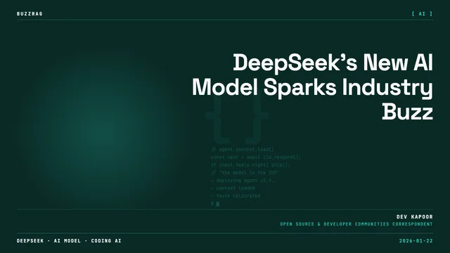 Futuristic cyborg face with blue neon circuitry and glowing headpiece, displaying DeepSeek Model 1 branding against dark…