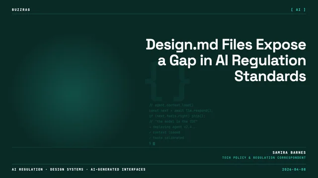 Bold "AWESOME DESIGN.md!" text overlays a design interface with an upward arrow and "Generating Design" progress indicator…