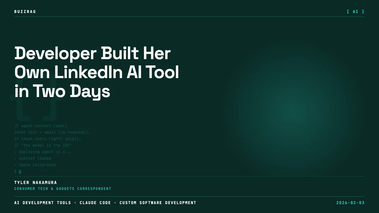Two people in a video interview with "Builder Stories" and "Voice Note to LinkedIn Post" text overlaid on a dark code…