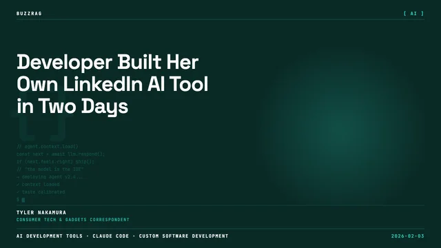 Two people in a video interview with "Builder Stories" and "Voice Note to LinkedIn Post" text overlaid on a dark code…