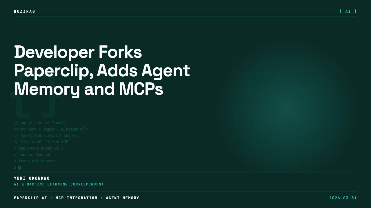 Man in orange hoodie pointing at dark box displaying Paperclip logo with three feature badges: +MCP, +Memory, +Skills, and…