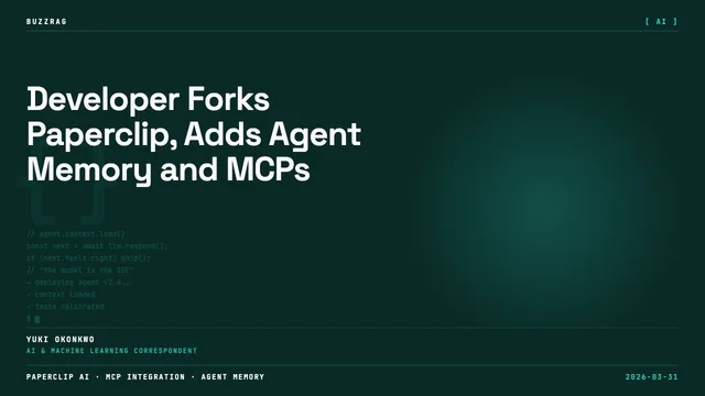 Man in orange hoodie pointing at dark box displaying Paperclip logo with three feature badges: +MCP, +Memory, +Skills, and…