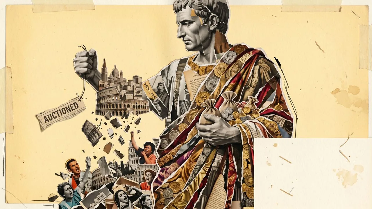 A scales of justice held by a robed hand tips unbalanced, with a glowing skull labeled "ROME" on one side and "SPQR" on the…