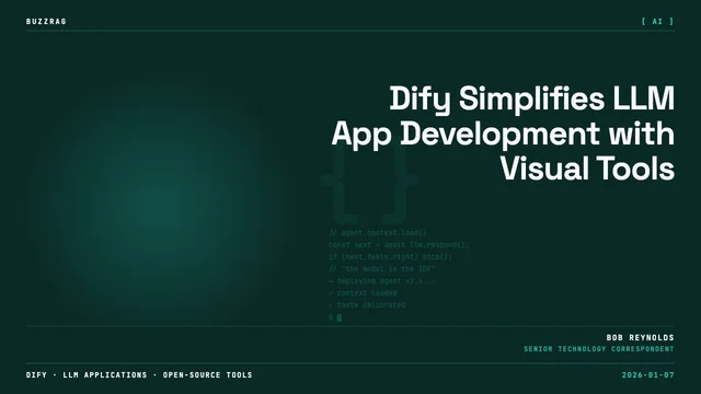 Bold white text "DOCKER FOR LLM APPS DIFY" with yellow arrow pointing to an illustrated blue Docker whale container ship…