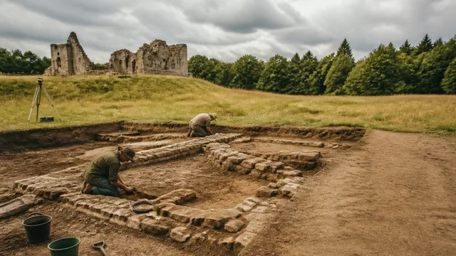 Archaeologist examines artifact at medieval palace excavation site with "Time Team" logo and Clipstone, Nottinghamshire…