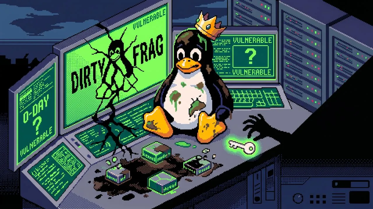 A penguin mascot labeled "Dirty Frag" holds a grenade against a dark grid background with text reading "Instant Root…