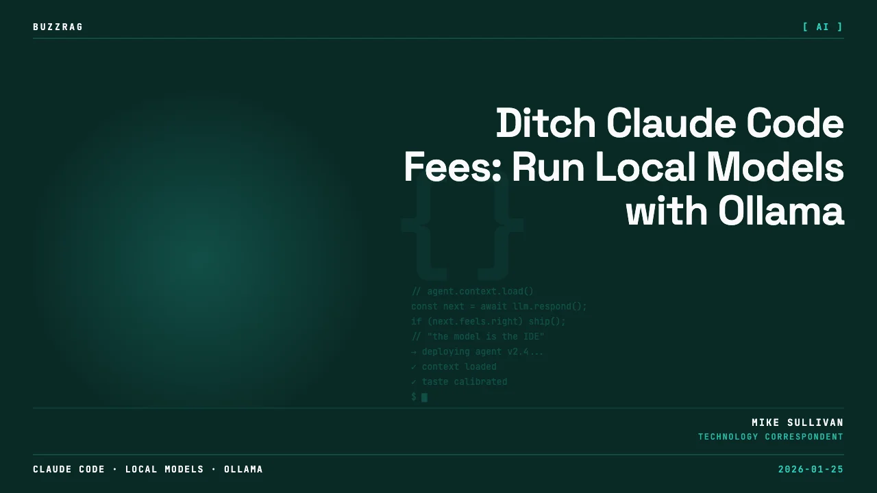 Man in blue shirt pointing at "100% FREE CLAUDE CODE" text with Ollama logo on black background