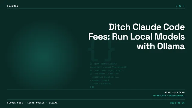 Man in blue shirt pointing at "100% FREE CLAUDE CODE" text with Ollama logo on black background