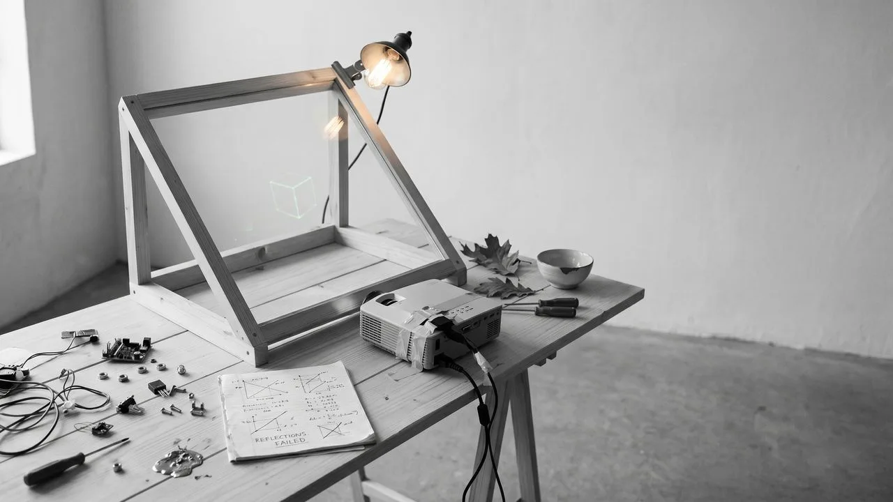 A wooden desk with a green cutting mat displays a holographic screen showing focus timer, weather, CPU/RAM stats, and…