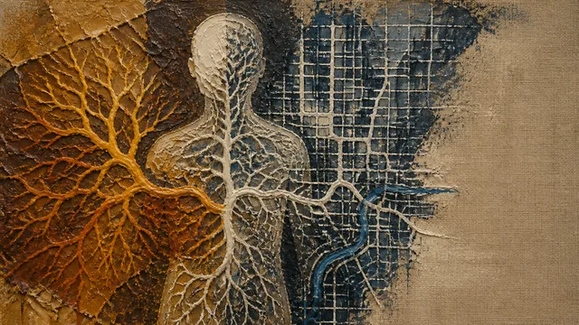 Retro-style collage showing anatomical human figure with systems networks connecting to urban aerial map, illustrating…