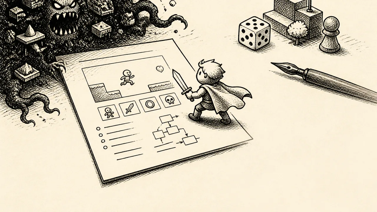 Stick figure pondering amid scattered documents, questioning the necessity of game design documentation