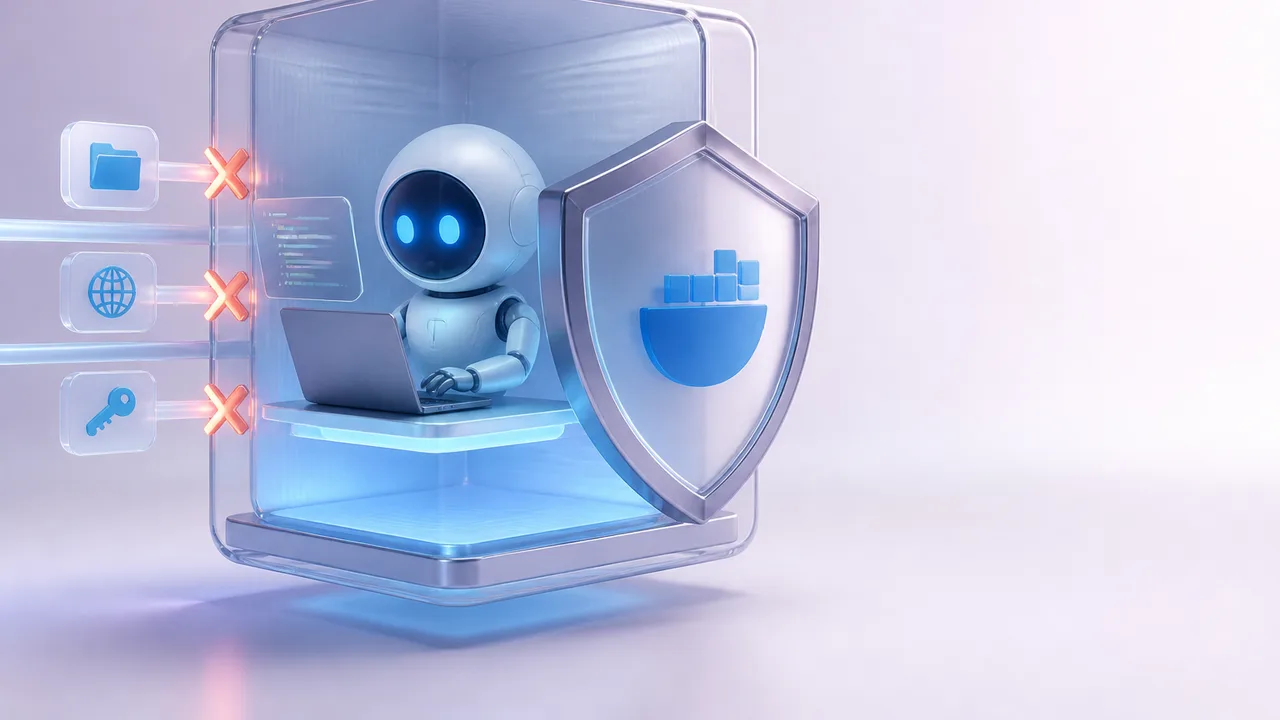 Futuristic glass sandbox container with glowing blue and orange circuitry, cursor icon, and security shield symbol on dark…
