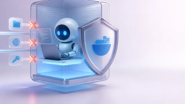Futuristic glass sandbox container with glowing blue and orange circuitry, cursor icon, and security shield symbol on dark…