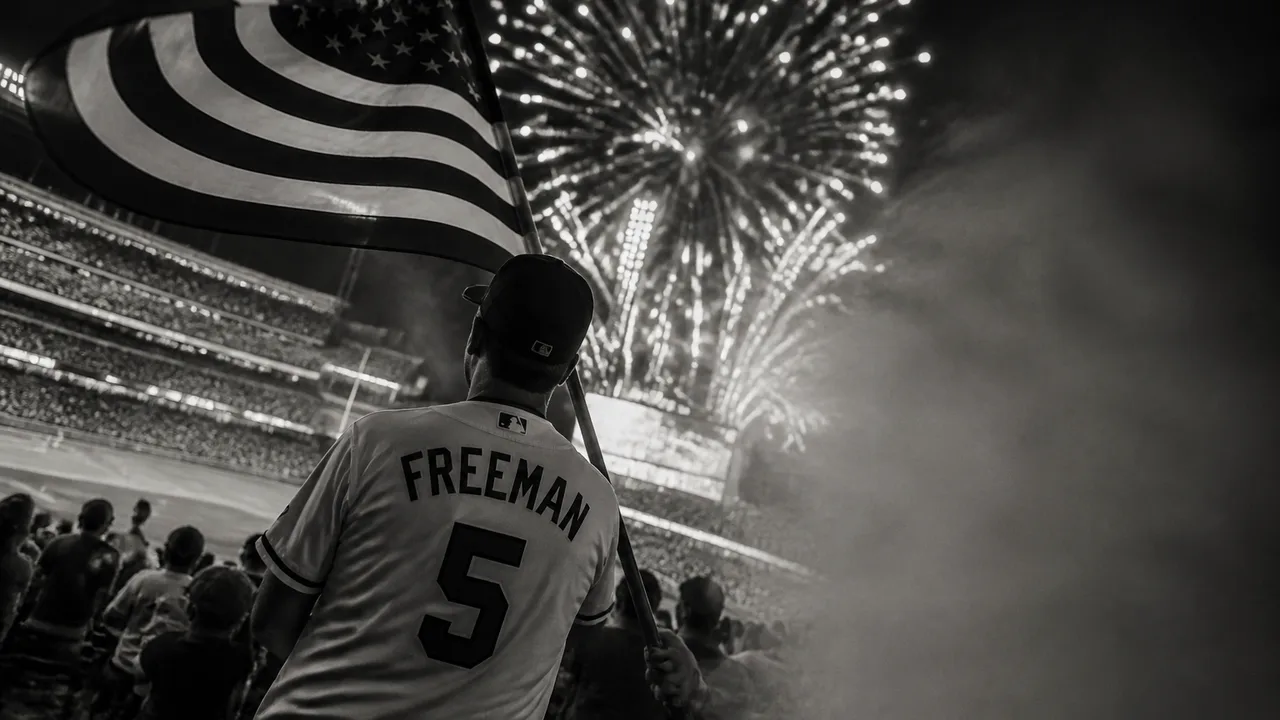 Excited man in Dodgers uniform pointing at fireworks exploding above Dodger Stadium at night.