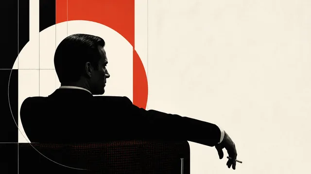 Man in brown suit smoking cigarette against city skyline with "NEVER CONVINCE" text and red arrow pointing at his face