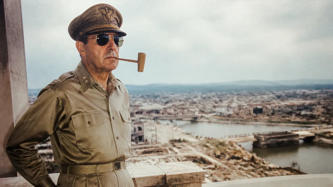 Military officer in sunglasses and cap with corncob pipe in foreground, soldiers wading ashore with landing craft and ships…