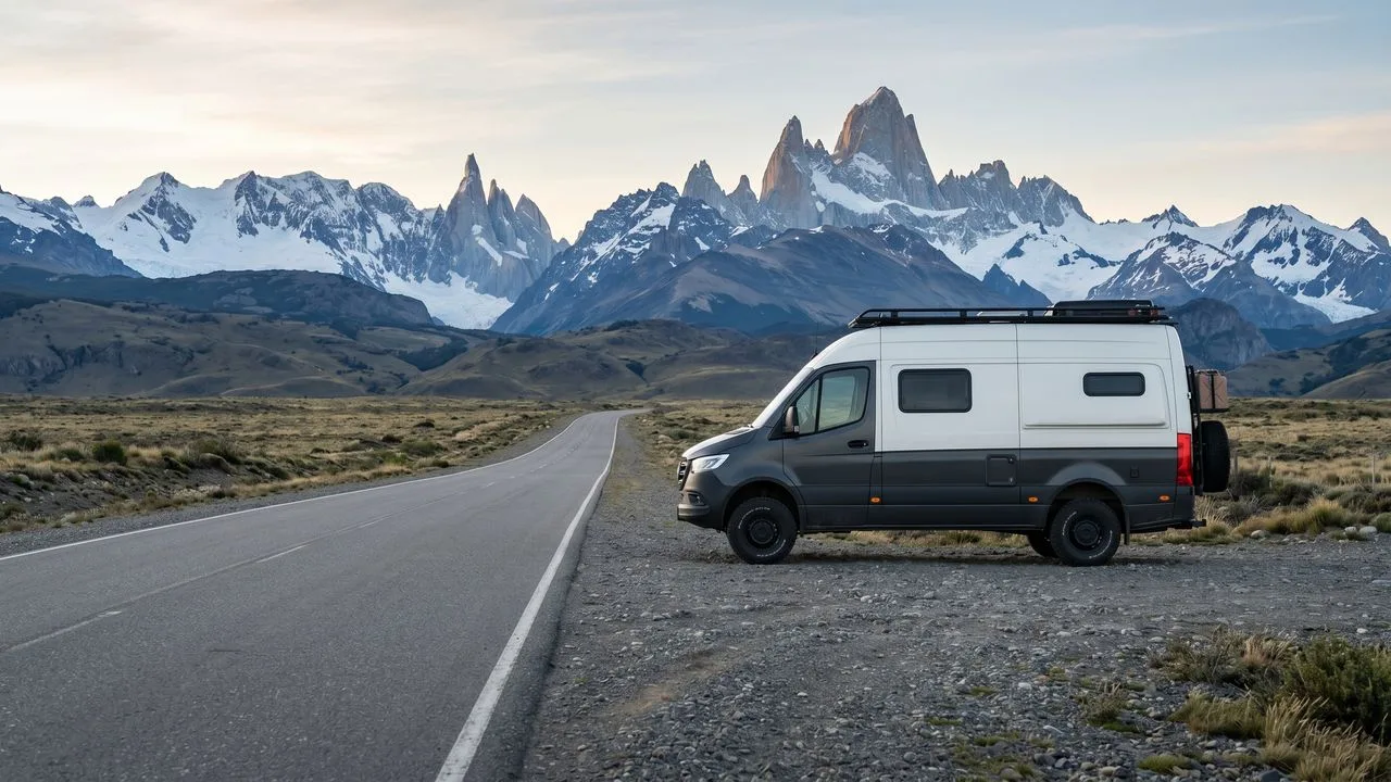 Couple standing on campervan roof with dramatic snow-capped mountain peaks in background, Patagonia landscape