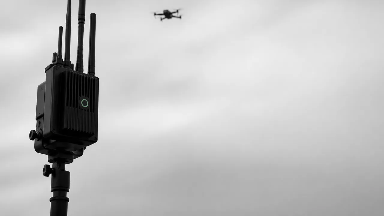 Person holding RF spectrum analyzer displaying signal readings next to dual monitors showing drone video feed from vehicle…