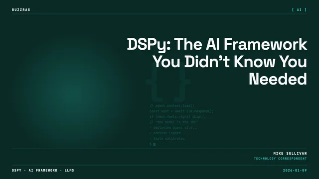 Man speaking at AI Engineer Code Summit with DSPy core concepts displayed on left side and code example on right,…