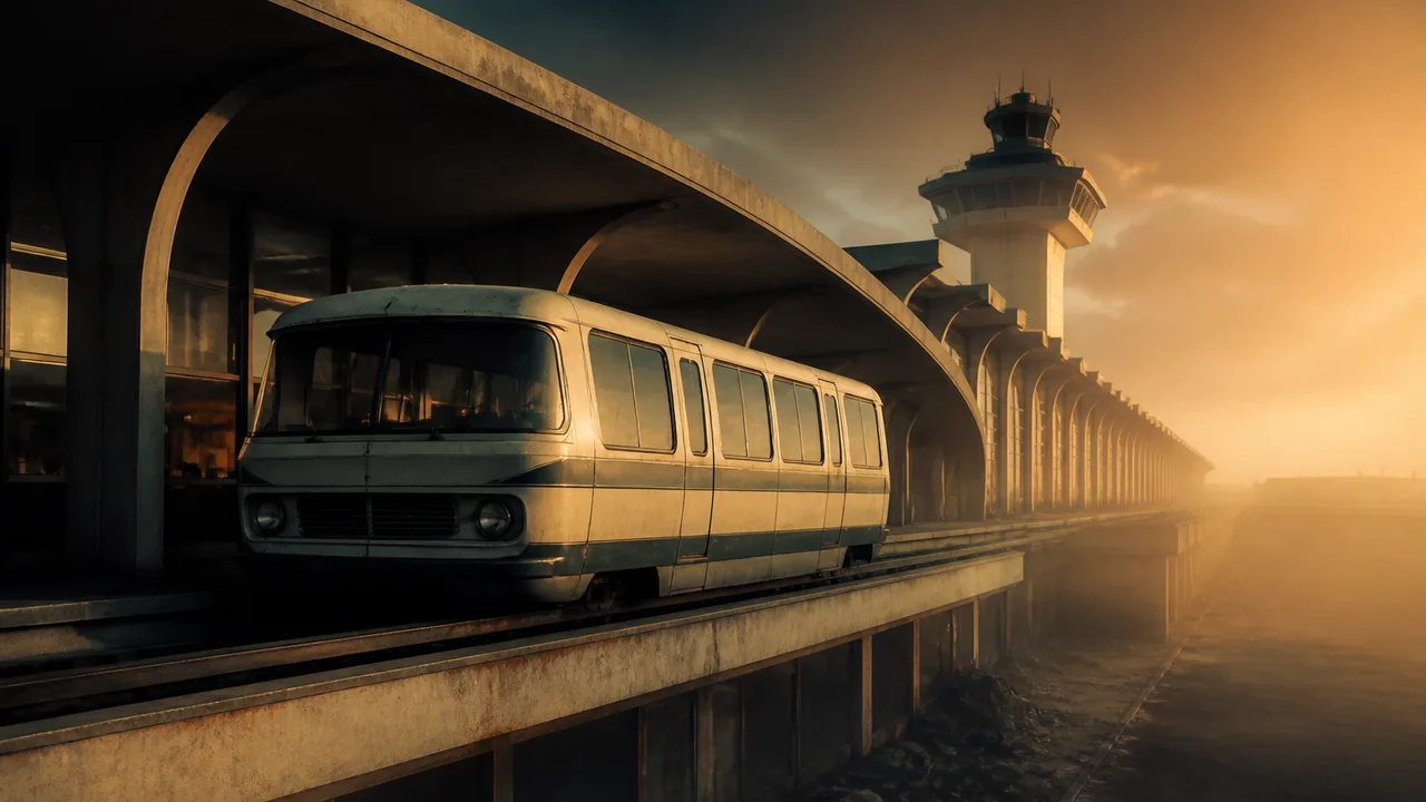 A vintage aircraft with passengers boarding via an attached motorized bus-like vehicle, captioned "This was the future