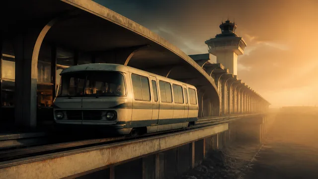 A vintage aircraft with passengers boarding via an attached motorized bus-like vehicle, captioned "This was the future