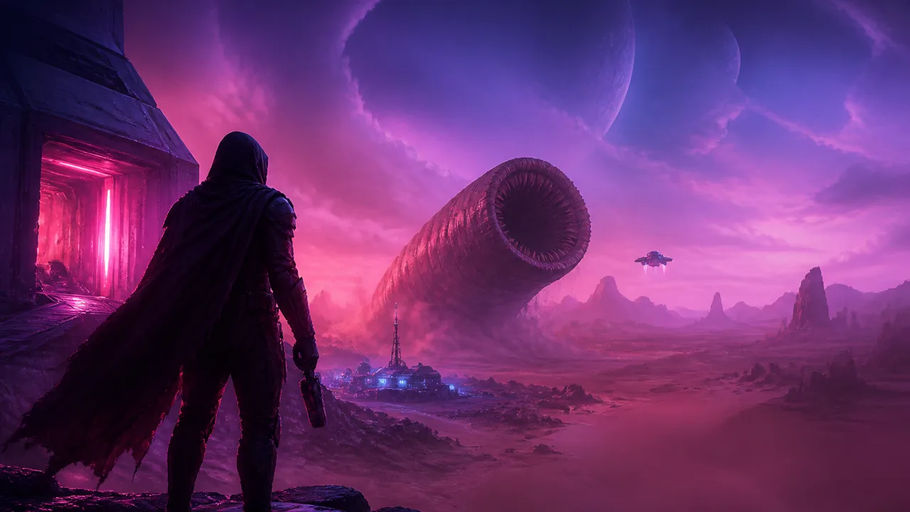 A figure stands in a vast desert landscape facing a massive sandworm with "A total overhaul..." text overlaid, depicting an…
