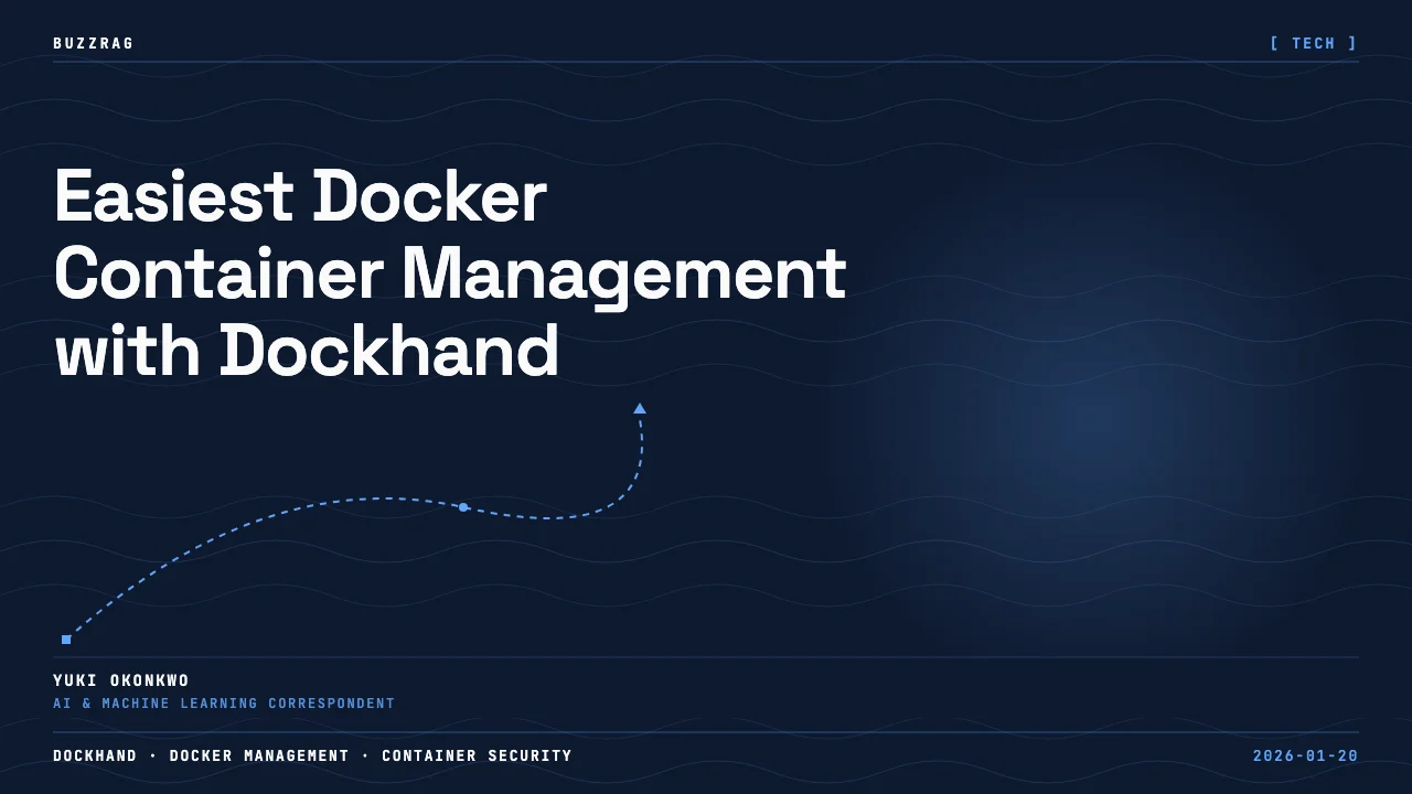 Docker dashboard interface with whale logo, containers visualization, and Dockhand tool branding on blue tech background