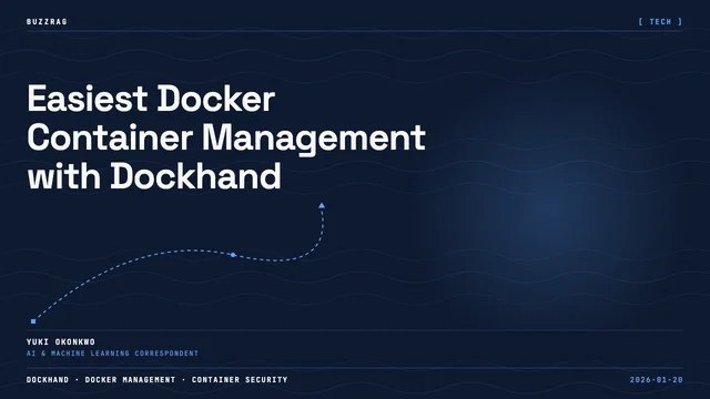 Docker dashboard interface with whale logo, containers visualization, and Dockhand tool branding on blue tech background