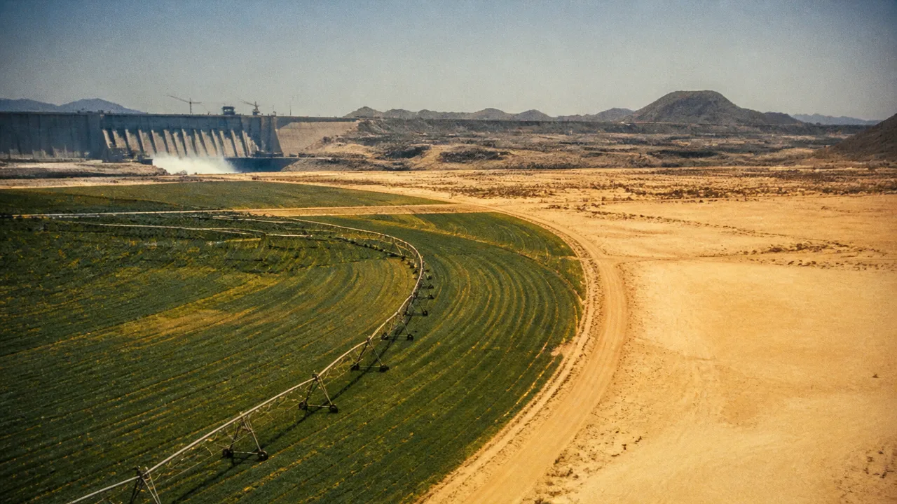 Aerial view of massive pipeline construction project stretching across desert landscape with staging areas and heavy…